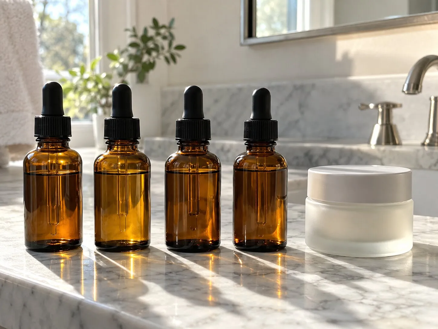 Unlabeled amber skincare bottles on a marble counter in morning sun
