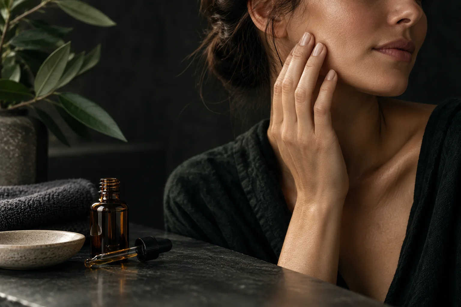 A woman touching her cheek at a dark counter with an amber dropper bottle