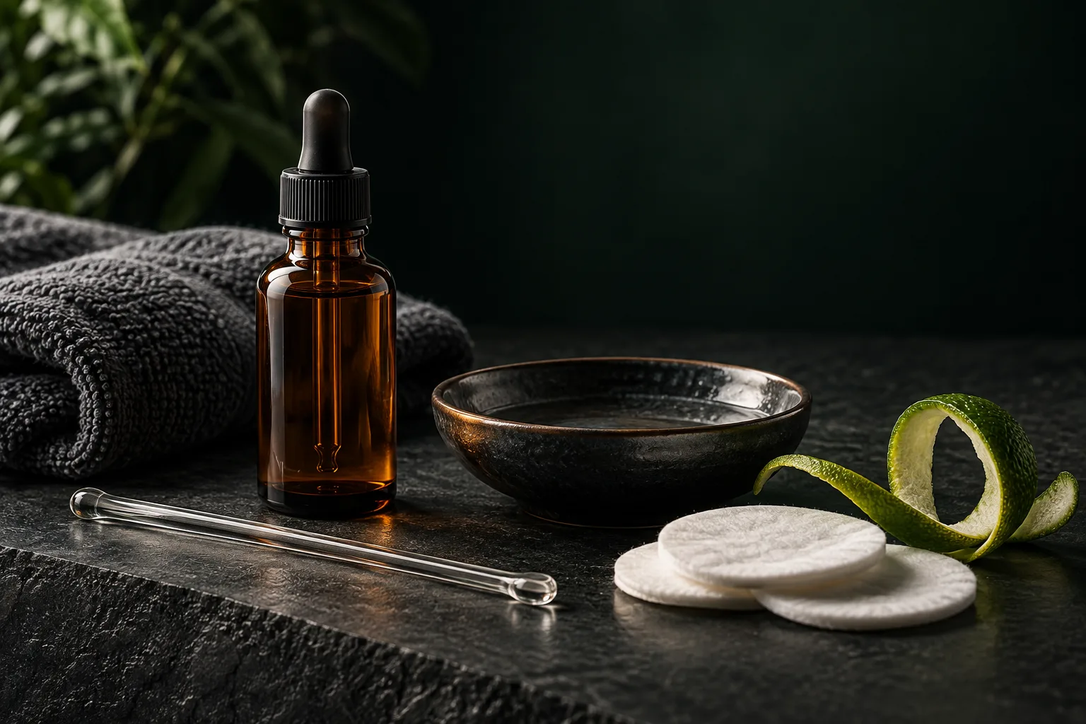 An amber dropper bottle, cotton pads and citrus peel on a dark stone surface