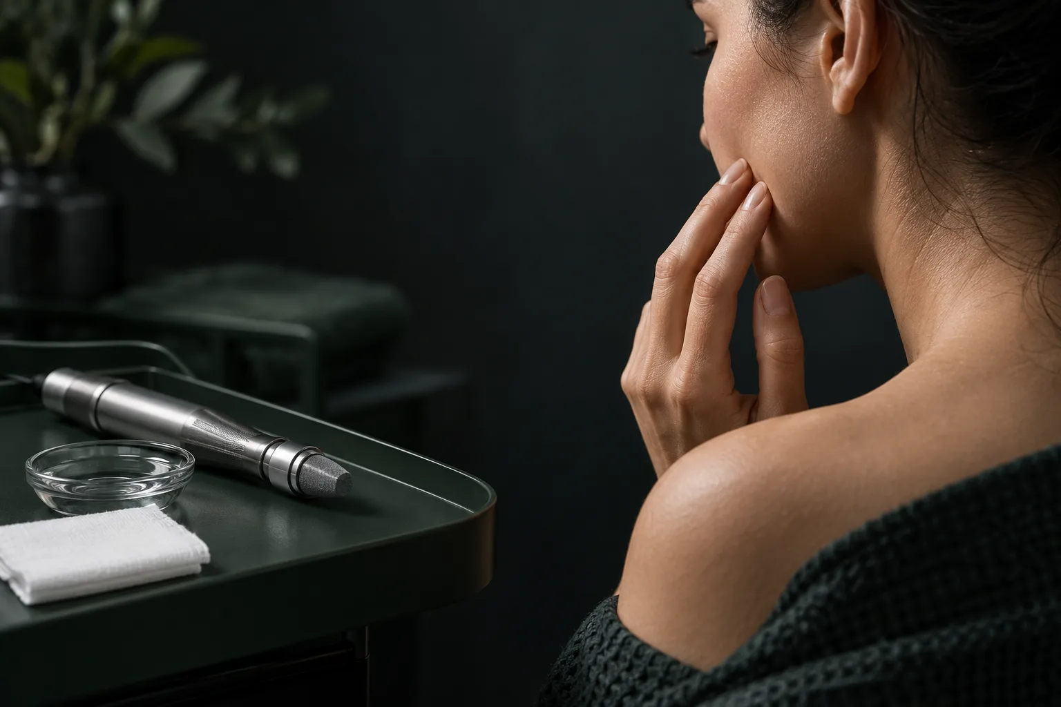 A woman touching her jaw beside a dark tray holding a dermabrasion tool