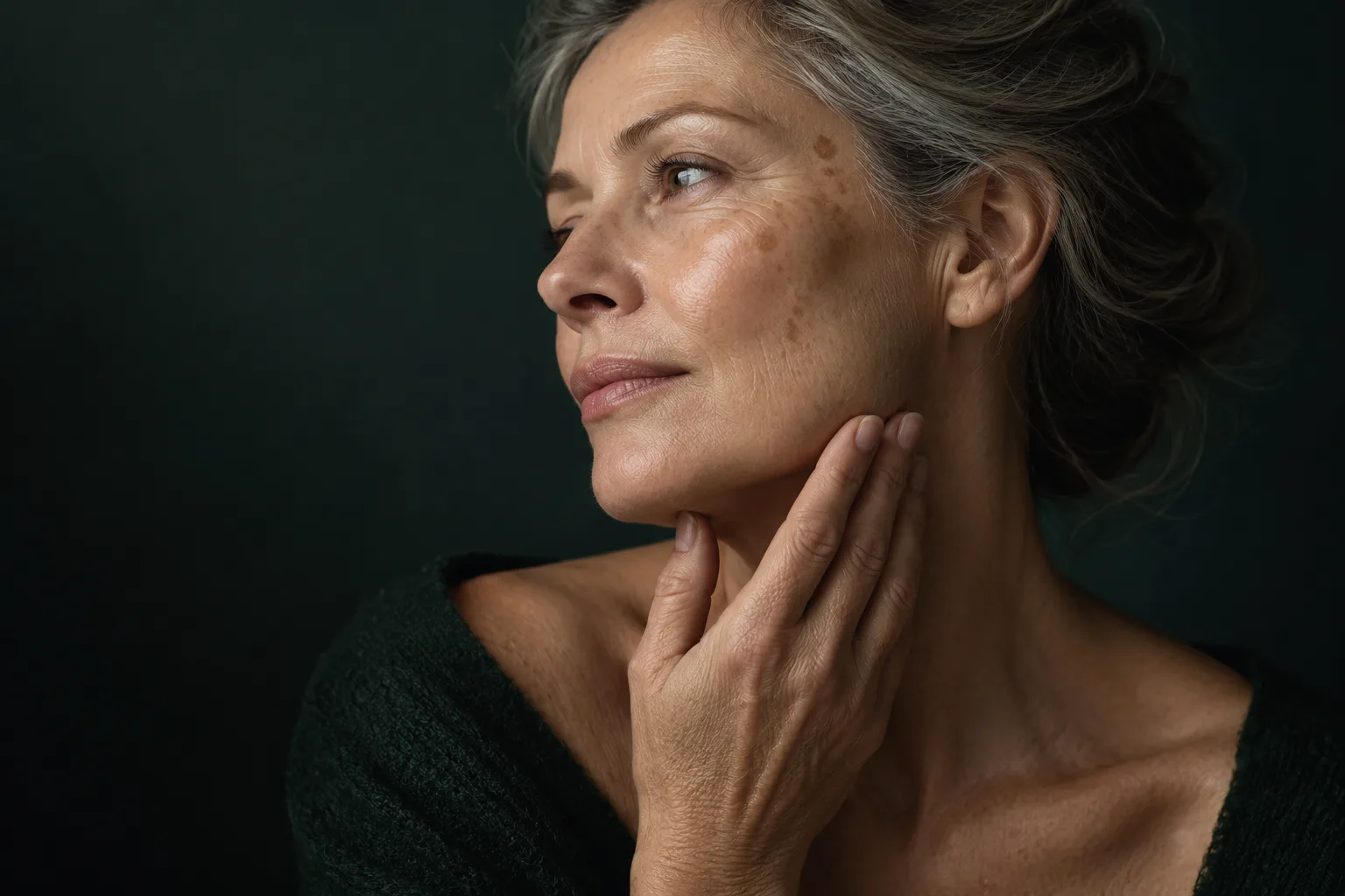 An older woman with age spots on her cheek looking to the side