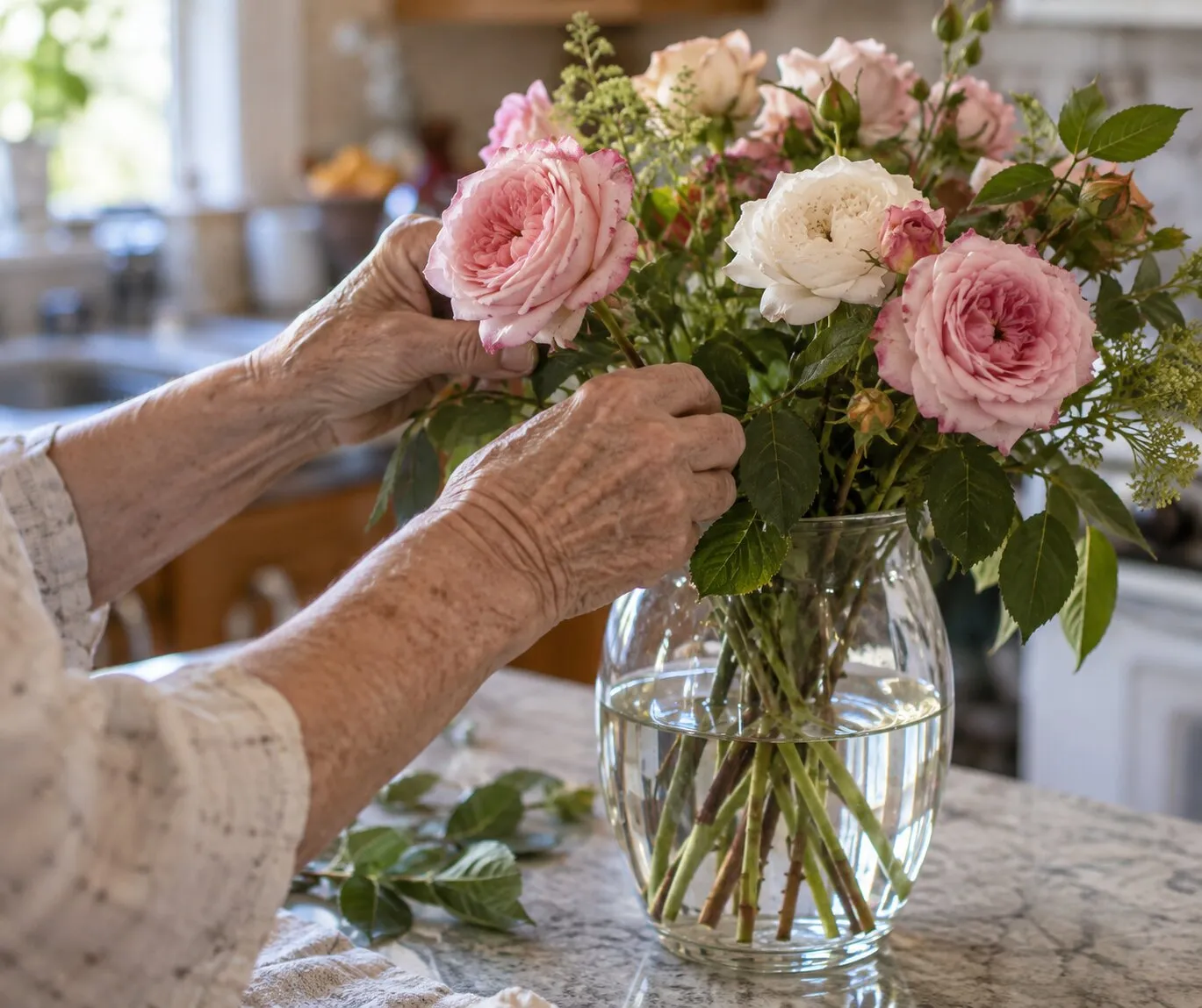 An older woman's hands arranging roses in a glass vase