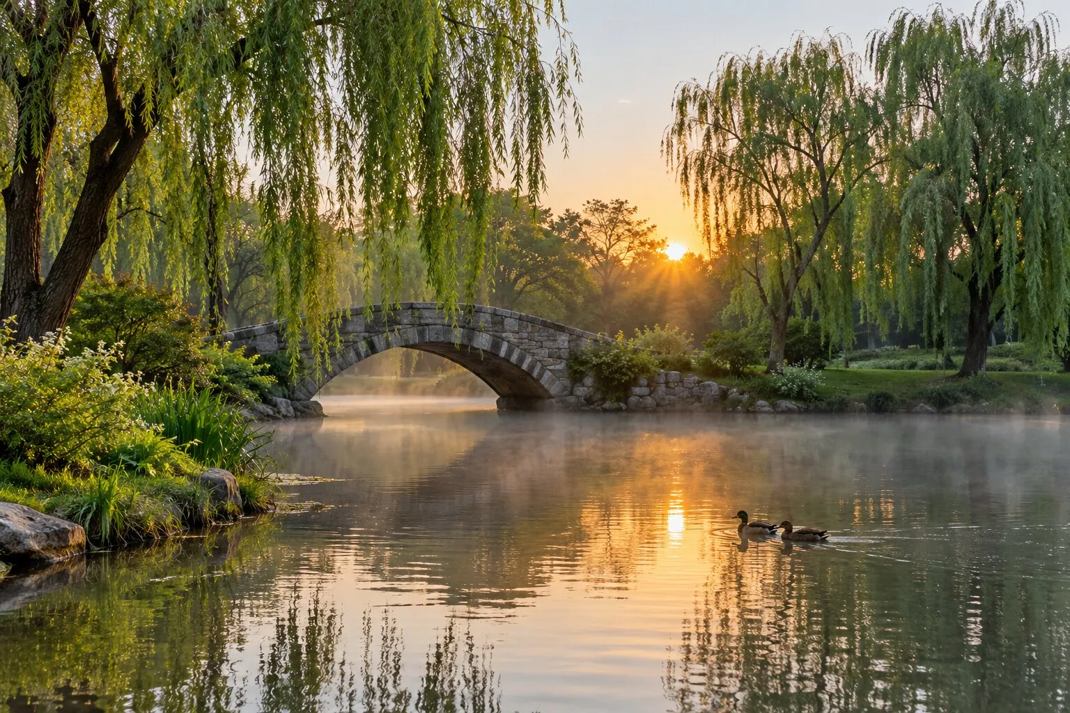 A stone footbridge over a misty pond at sunrise, framed by willow trees, with two ducks on the water