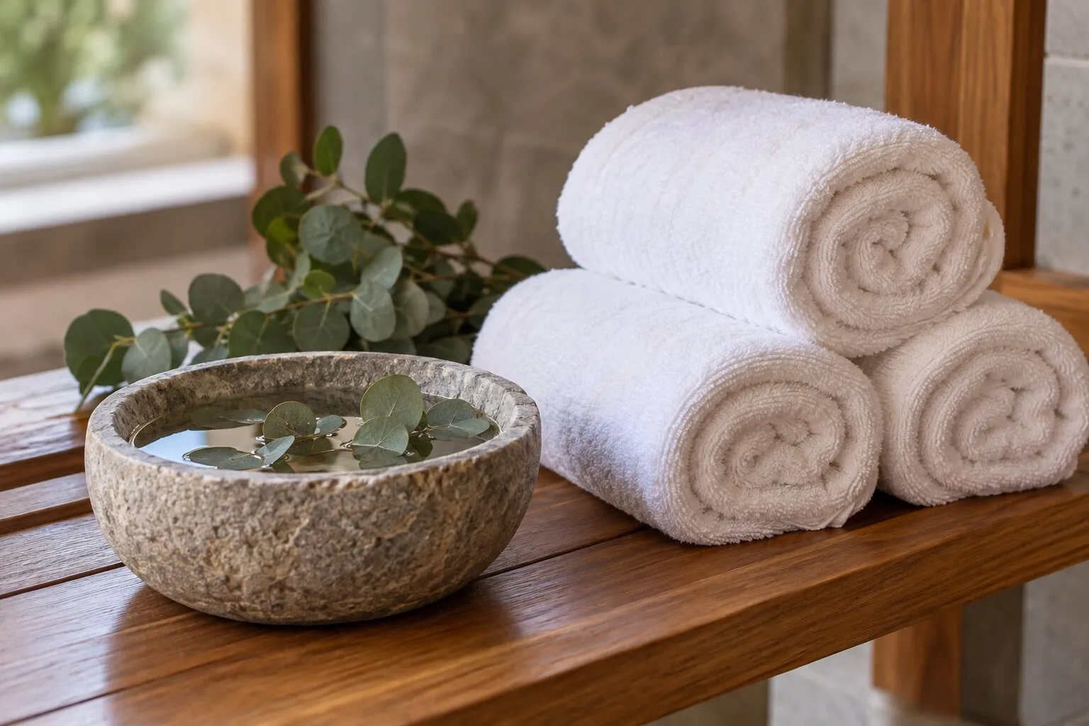 Rolled white towels beside a bowl of water with eucalyptus