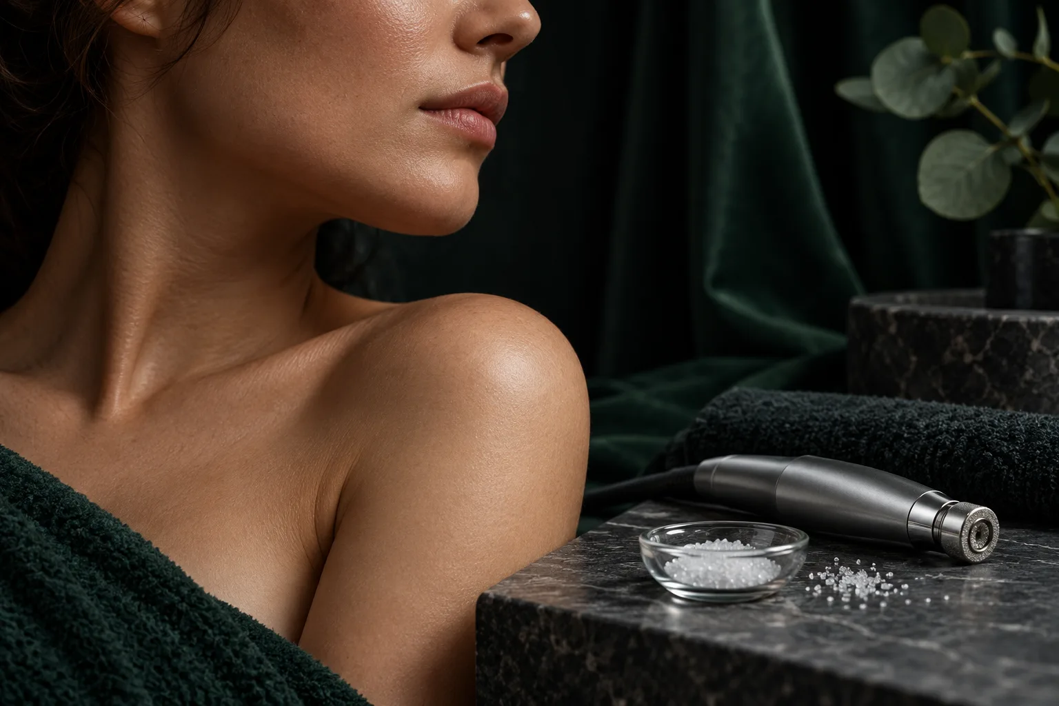 A woman's profile beside a handpiece and a dish of fine crystals on dark marble